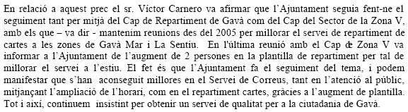 Resposta de Víctor Carnero (PSC) sobre els problemes en el servei de correus a Gavà Mar
